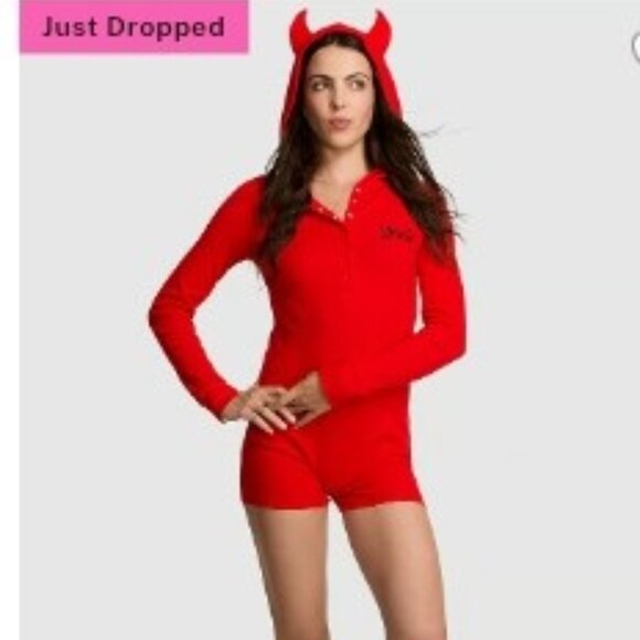 Victoria's Secret PINK HALLOWEEN Romper 1 Piece Pajama DEVIL Horns Hoodie Small - Picture 3 of 4